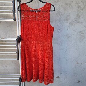 Thalia Sodi Red Lace Tank Dress Fitted Top & Flowy Skirt Gold Hardware - Size XL